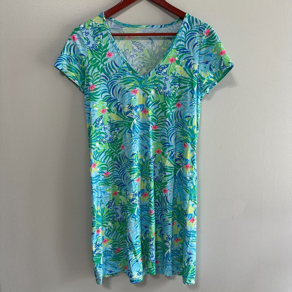 Lilly Pulitzer Etta V-Neck Short Sleeve Dress Via Parigi Small Blue Green